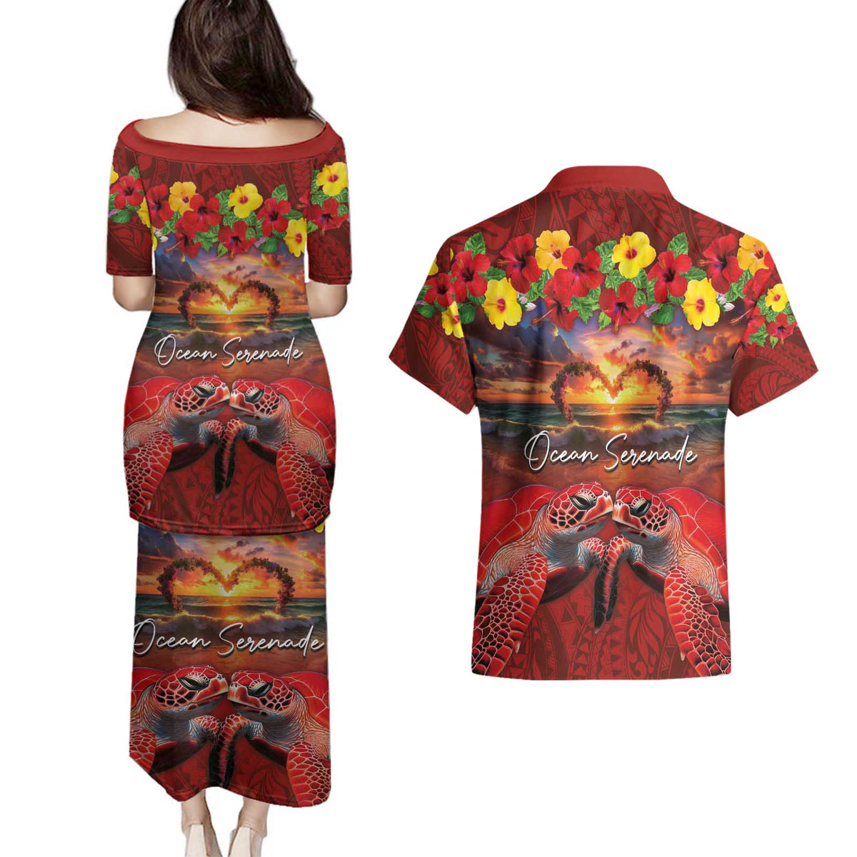 Hawaiian Turtle Love Couple Couples Matching Puletasi and Hawaiian Shirt Ocean Serenade - Honu Honi Ihu with Hibiscus and Romantic Sunset Red Color LT03 - Polynesian Pride