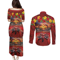 Hawaiian Turtle Love Couple Couples Matching Puletasi and Long Sleeve Button Shirt Ocean Serenade - Honu Honi Ihu with Hibiscus and Romantic Sunset Red Color LT03 - Polynesian Pride