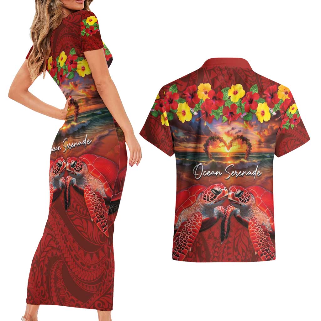 Hawaiian Turtle Love Couple Couples Matching Short Sleeve Bodycon Dress and Hawaiian Shirt Ocean Serenade - Honu Honi Ihu with Hibiscus and Romantic Sunset Red Color LT03 - Polynesian Pride