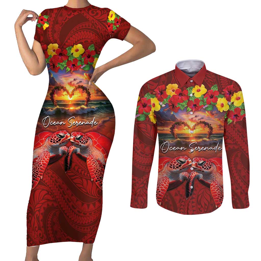 Hawaiian Turtle Love Couple Couples Matching Short Sleeve Bodycon Dress and Long Sleeve Button Shirt Ocean Serenade - Honu Honi Ihu with Hibiscus and Romantic Sunset Red Color LT03 Red - Polynesian Pride
