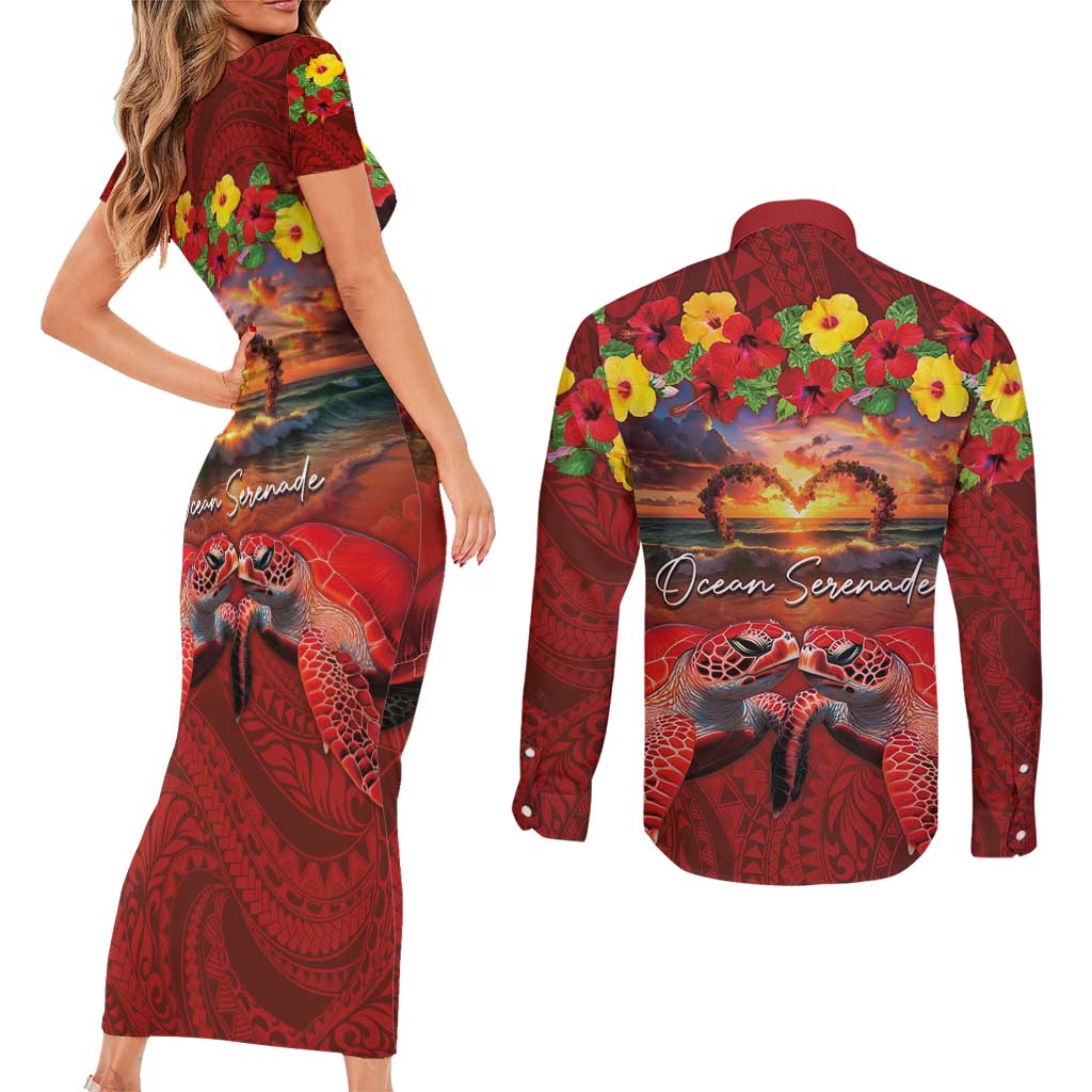 Hawaiian Turtle Love Couple Couples Matching Short Sleeve Bodycon Dress and Long Sleeve Button Shirt Ocean Serenade - Honu Honi Ihu with Hibiscus and Romantic Sunset Red Color LT03 - Polynesian Pride