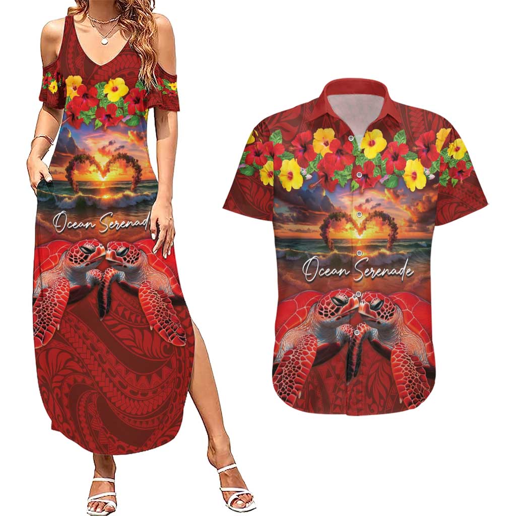 Hawaiian Turtle Love Couple Couples Matching Summer Maxi Dress and Hawaiian Shirt Ocean Serenade - Honu Honi Ihu with Hibiscus and Romantic Sunset Red Color LT03 Red - Polynesian Pride