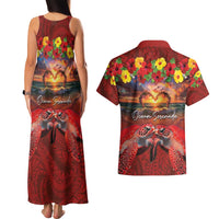 Hawaiian Turtle Love Couple Couples Matching Tank Maxi Dress and Hawaiian Shirt Ocean Serenade - Honu Honi Ihu with Hibiscus and Romantic Sunset Red Color LT03 - Polynesian Pride
