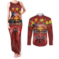 Hawaiian Turtle Love Couple Couples Matching Tank Maxi Dress and Long Sleeve Button Shirt Ocean Serenade - Honu Honi Ihu with Hibiscus and Romantic Sunset Red Color LT03 Red - Polynesian Pride