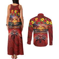 Hawaiian Turtle Love Couple Couples Matching Tank Maxi Dress and Long Sleeve Button Shirt Ocean Serenade - Honu Honi Ihu with Hibiscus and Romantic Sunset Red Color LT03 - Polynesian Pride