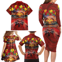 Hawaiian Turtle Love Couple Family Matching Long Sleeve Bodycon Dress and Hawaiian Shirt Ocean Serenade - Honu Honi Ihu with Hibiscus and Romantic Sunset Red Color LT03 - Polynesian Pride