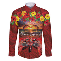 Hawaiian Turtle Love Couple Family Matching Long Sleeve Bodycon Dress and Hawaiian Shirt Ocean Serenade - Honu Honi Ihu with Hibiscus and Romantic Sunset Red Color LT03 Dad's Shirt - Long Sleeve Red - Polynesian Pride
