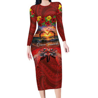 Hawaiian Turtle Love Couple Family Matching Long Sleeve Bodycon Dress and Hawaiian Shirt Ocean Serenade - Honu Honi Ihu with Hibiscus and Romantic Sunset Red Color LT03 Mom's Dress Red - Polynesian Pride