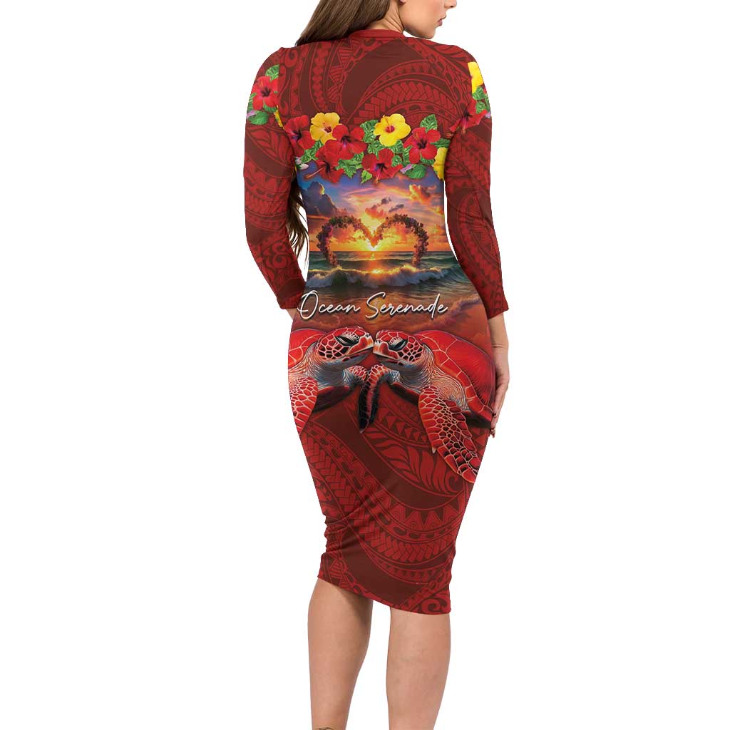 Hawaiian Turtle Love Couple Family Matching Long Sleeve Bodycon Dress and Hawaiian Shirt Ocean Serenade - Honu Honi Ihu with Hibiscus and Romantic Sunset Red Color LT03 - Polynesian Pride