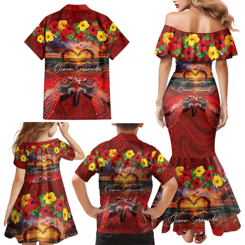 Hawaiian Turtle Love Couple Family Matching Mermaid Dress and Hawaiian Shirt Ocean Serenade - Honu Honi Ihu with Hibiscus and Romantic Sunset Red Color LT03 - Polynesian Pride