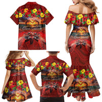 Hawaiian Turtle Love Couple Family Matching Mermaid Dress and Hawaiian Shirt Ocean Serenade - Honu Honi Ihu with Hibiscus and Romantic Sunset Red Color LT03 - Polynesian Pride