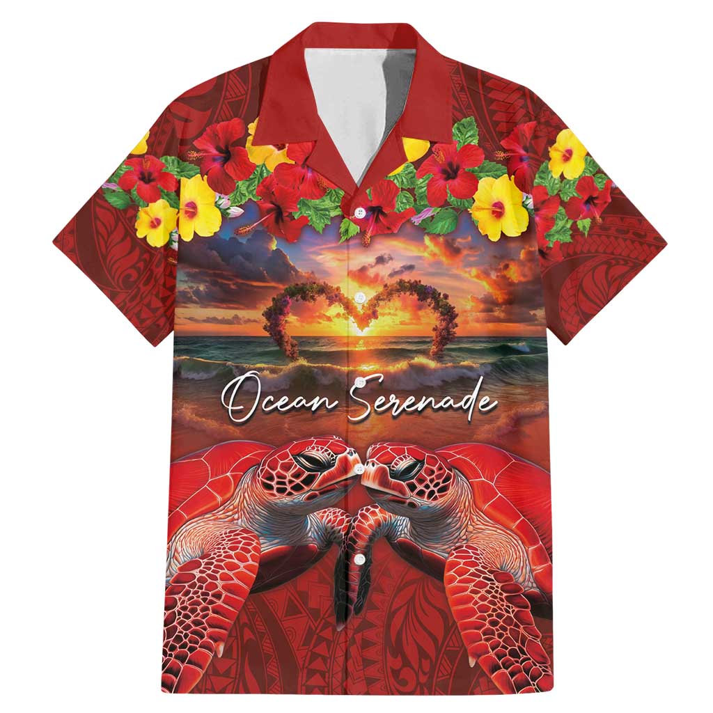 Hawaiian Turtle Love Couple Family Matching Mermaid Dress and Hawaiian Shirt Ocean Serenade - Honu Honi Ihu with Hibiscus and Romantic Sunset Red Color LT03 Dad's Shirt - Short Sleeve Red - Polynesian Pride