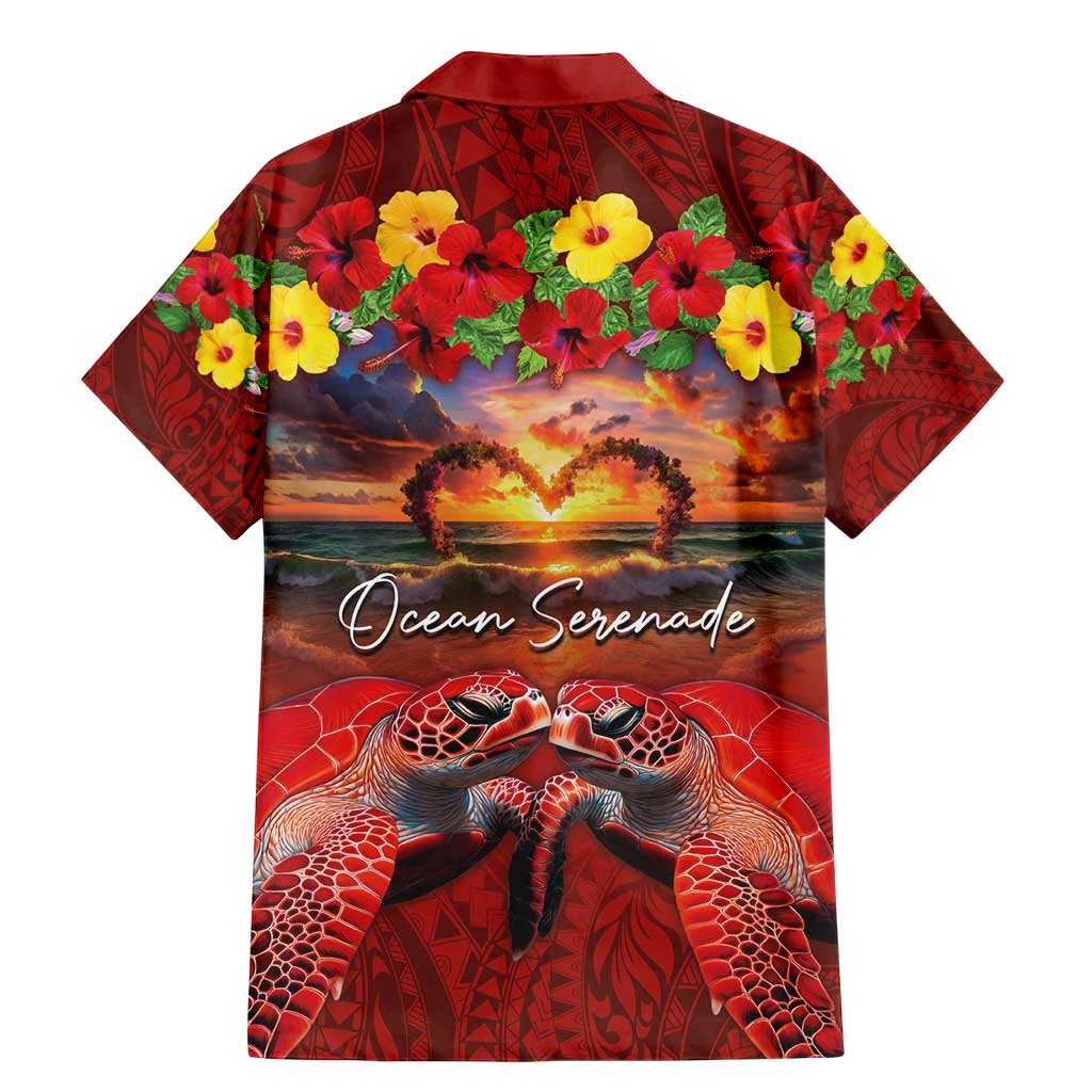 Hawaiian Turtle Love Couple Family Matching Mermaid Dress and Hawaiian Shirt Ocean Serenade - Honu Honi Ihu with Hibiscus and Romantic Sunset Red Color LT03 - Polynesian Pride