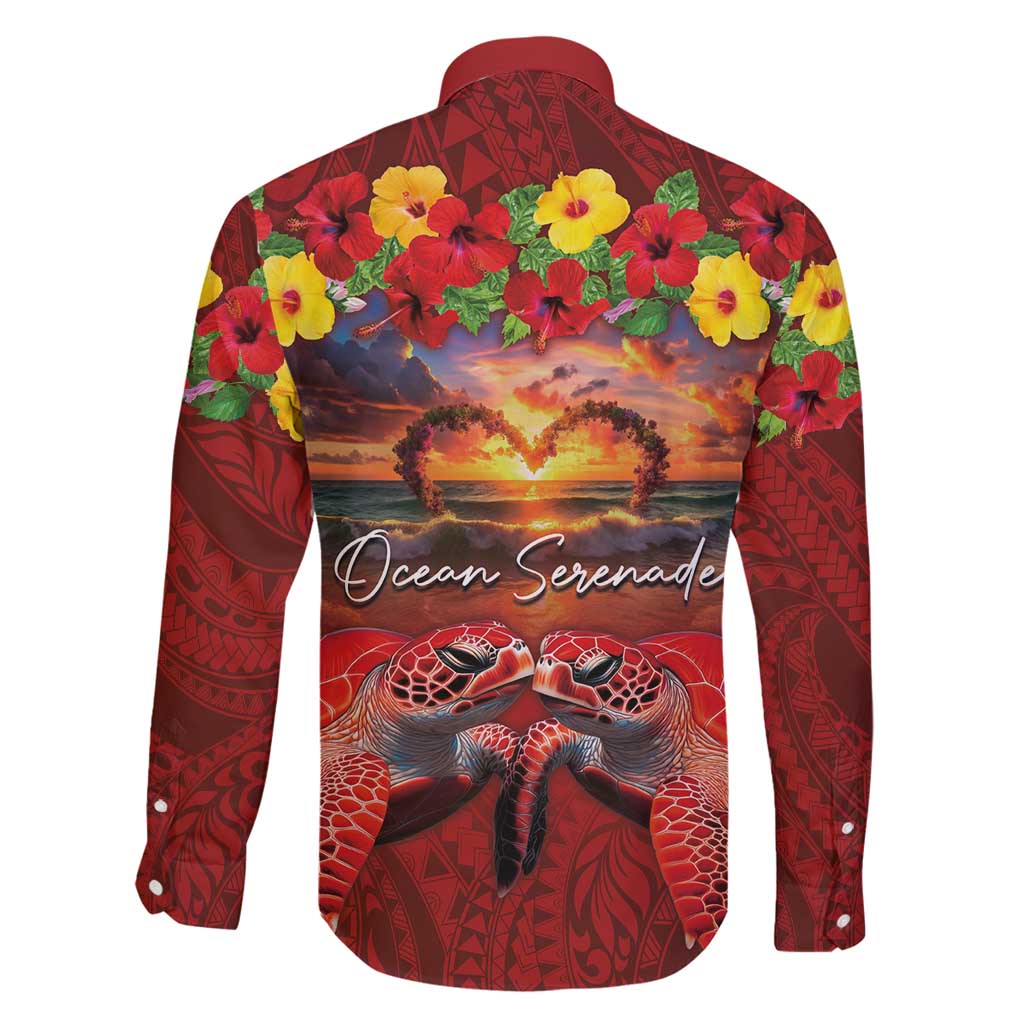 Hawaiian Turtle Love Couple Family Matching Mermaid Dress and Hawaiian Shirt Ocean Serenade - Honu Honi Ihu with Hibiscus and Romantic Sunset Red Color LT03 - Polynesian Pride