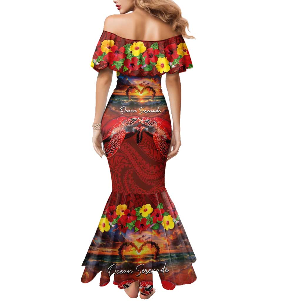 Hawaiian Turtle Love Couple Family Matching Mermaid Dress and Hawaiian Shirt Ocean Serenade - Honu Honi Ihu with Hibiscus and Romantic Sunset Red Color LT03 - Polynesian Pride
