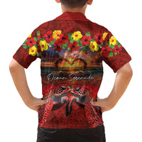 Hawaiian Turtle Love Couple Family Matching Off The Shoulder Long Sleeve Dress and Hawaiian Shirt Ocean Serenade - Honu Honi Ihu with Hibiscus and Romantic Sunset Red Color LT03 - Polynesian Pride