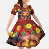 Hawaiian Turtle Love Couple Family Matching Off The Shoulder Long Sleeve Dress and Hawaiian Shirt Ocean Serenade - Honu Honi Ihu with Hibiscus and Romantic Sunset Red Color LT03 Daughter's Dress Red - Polynesian Pride