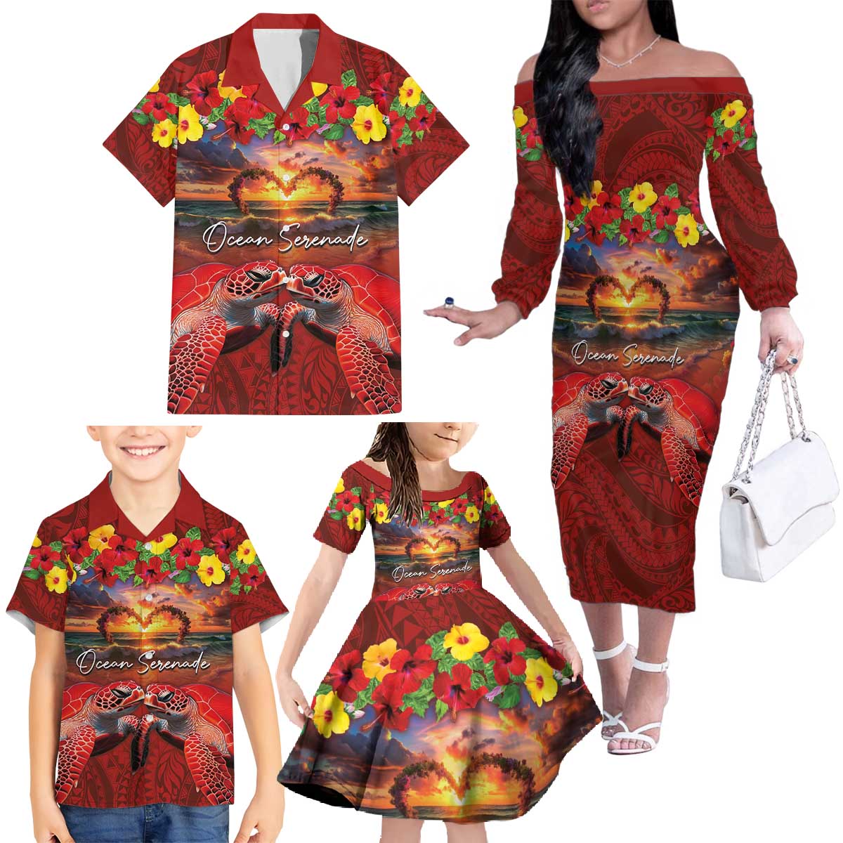 Hawaiian Turtle Love Couple Family Matching Off The Shoulder Long Sleeve Dress and Hawaiian Shirt Ocean Serenade - Honu Honi Ihu with Hibiscus and Romantic Sunset Red Color LT03 - Polynesian Pride