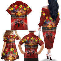 Hawaiian Turtle Love Couple Family Matching Off The Shoulder Long Sleeve Dress and Hawaiian Shirt Ocean Serenade - Honu Honi Ihu with Hibiscus and Romantic Sunset Red Color LT03 - Polynesian Pride