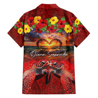 Hawaiian Turtle Love Couple Family Matching Off The Shoulder Long Sleeve Dress and Hawaiian Shirt Ocean Serenade - Honu Honi Ihu with Hibiscus and Romantic Sunset Red Color LT03 - Polynesian Pride