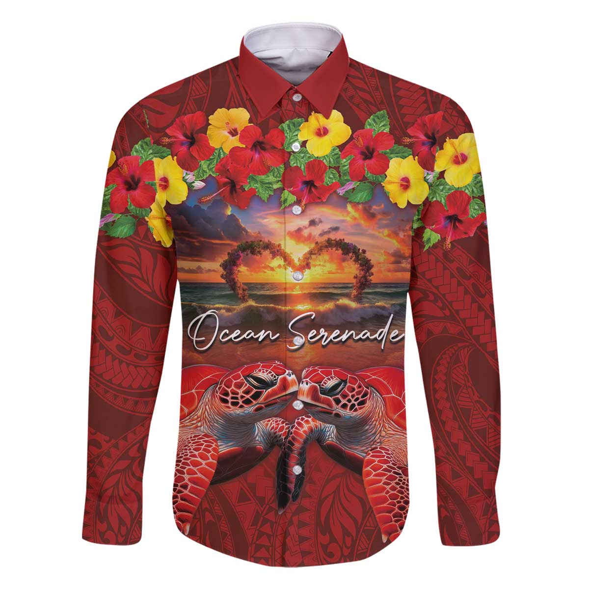 Hawaiian Turtle Love Couple Family Matching Off The Shoulder Long Sleeve Dress and Hawaiian Shirt Ocean Serenade - Honu Honi Ihu with Hibiscus and Romantic Sunset Red Color LT03 Dad's Shirt - Long Sleeve Red - Polynesian Pride