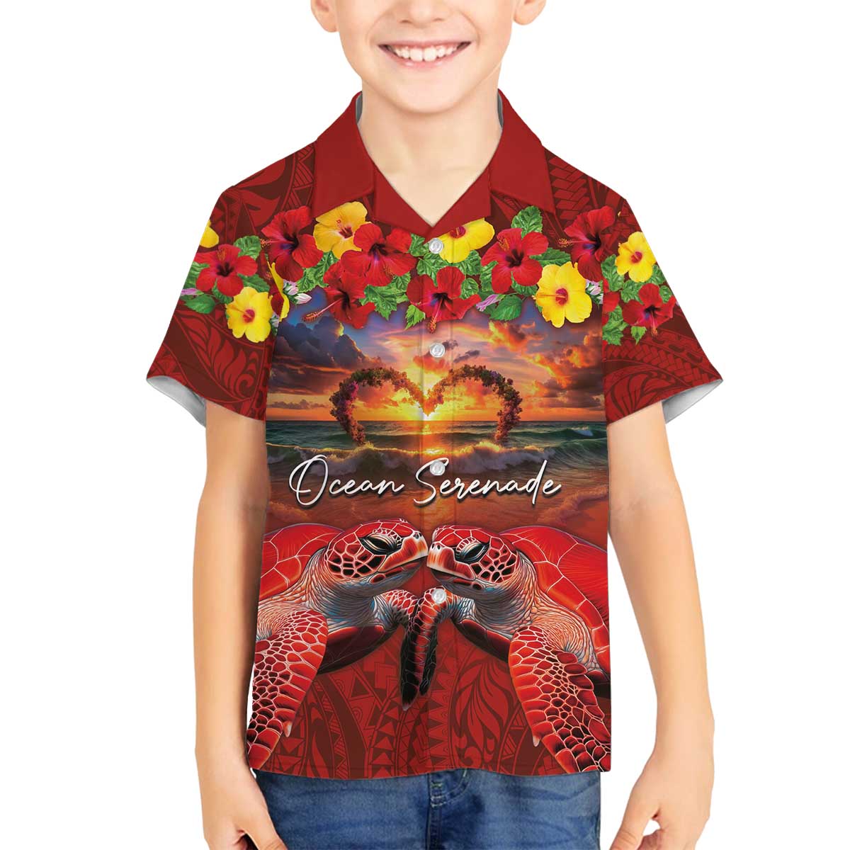Hawaiian Turtle Love Couple Family Matching Off The Shoulder Long Sleeve Dress and Hawaiian Shirt Ocean Serenade - Honu Honi Ihu with Hibiscus and Romantic Sunset Red Color LT03 Son's Shirt Red - Polynesian Pride