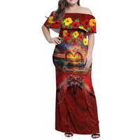 Hawaiian Turtle Love Couple Family Matching Off Shoulder Maxi Dress and Hawaiian Shirt Ocean Serenade - Honu Honi Ihu with Hibiscus and Romantic Sunset Red Color LT03 Mom's Dress Red - Polynesian Pride
