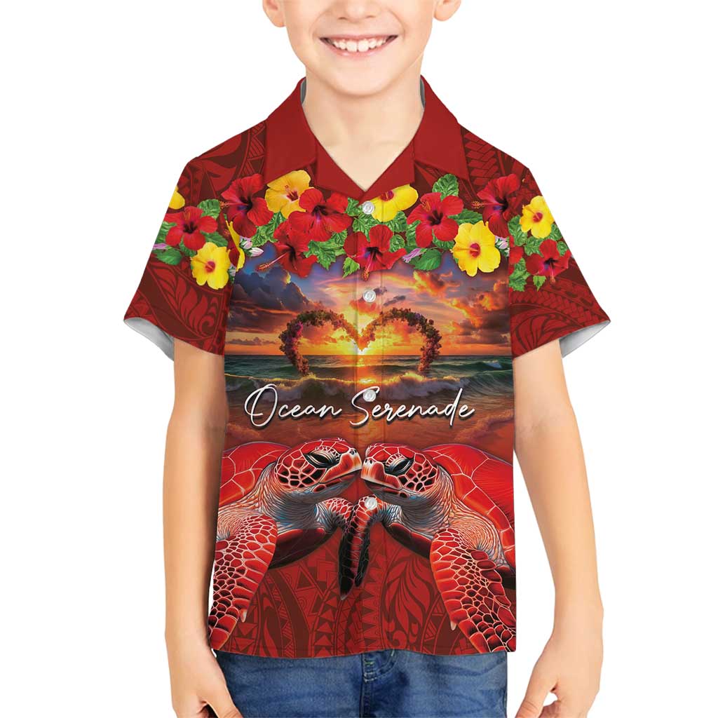 Hawaiian Turtle Love Couple Family Matching Off Shoulder Maxi Dress and Hawaiian Shirt Ocean Serenade - Honu Honi Ihu with Hibiscus and Romantic Sunset Red Color LT03 Son's Shirt Red - Polynesian Pride