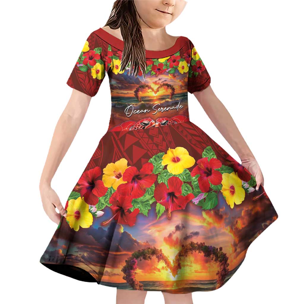 Hawaiian Turtle Love Couple Family Matching Off Shoulder Short Dress and Hawaiian Shirt Ocean Serenade - Honu Honi Ihu with Hibiscus and Romantic Sunset Red Color LT03 Daughter's Dress Red - Polynesian Pride
