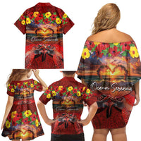Hawaiian Turtle Love Couple Family Matching Off Shoulder Short Dress and Hawaiian Shirt Ocean Serenade - Honu Honi Ihu with Hibiscus and Romantic Sunset Red Color LT03 - Polynesian Pride