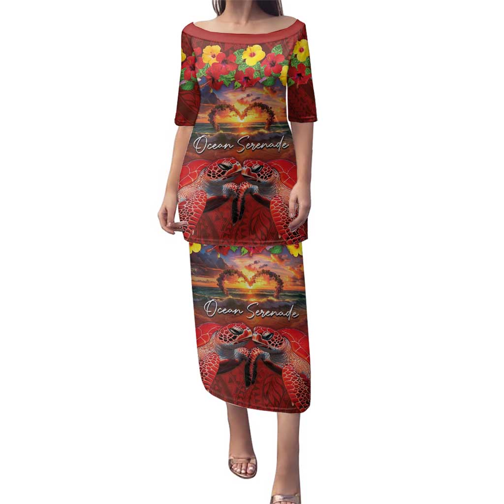 Hawaiian Turtle Love Couple Family Matching Puletasi and Hawaiian Shirt Ocean Serenade - Honu Honi Ihu with Hibiscus and Romantic Sunset Red Color LT03 Mom's Dress Red - Polynesian Pride