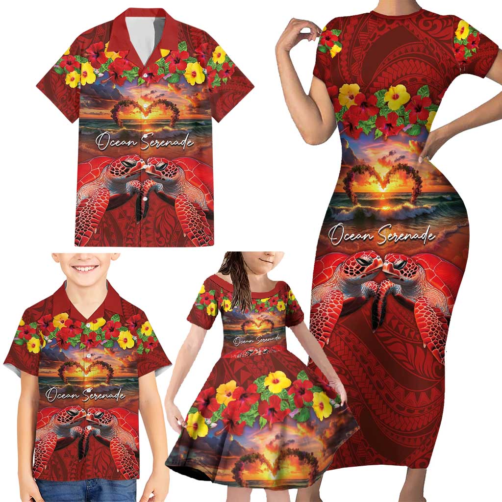 Hawaiian Turtle Love Couple Family Matching Short Sleeve Bodycon Dress and Hawaiian Shirt Ocean Serenade - Honu Honi Ihu with Hibiscus and Romantic Sunset Red Color LT03 - Polynesian Pride