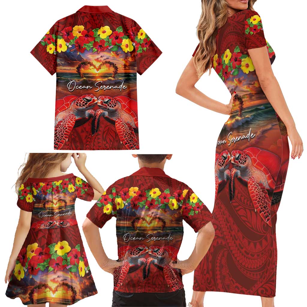Hawaiian Turtle Love Couple Family Matching Short Sleeve Bodycon Dress and Hawaiian Shirt Ocean Serenade - Honu Honi Ihu with Hibiscus and Romantic Sunset Red Color LT03 - Polynesian Pride