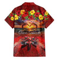 Hawaiian Turtle Love Couple Family Matching Short Sleeve Bodycon Dress and Hawaiian Shirt Ocean Serenade - Honu Honi Ihu with Hibiscus and Romantic Sunset Red Color LT03 - Polynesian Pride