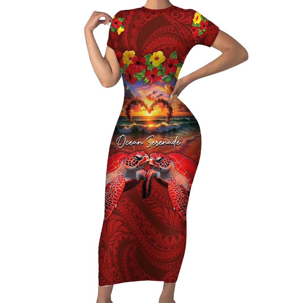 Hawaiian Turtle Love Couple Family Matching Short Sleeve Bodycon Dress and Hawaiian Shirt Ocean Serenade - Honu Honi Ihu with Hibiscus and Romantic Sunset Red Color LT03 Mom's Dress Red - Polynesian Pride