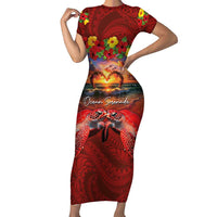 Hawaiian Turtle Love Couple Family Matching Short Sleeve Bodycon Dress and Hawaiian Shirt Ocean Serenade - Honu Honi Ihu with Hibiscus and Romantic Sunset Red Color LT03 Mom's Dress Red - Polynesian Pride