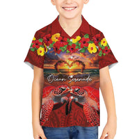 Hawaiian Turtle Love Couple Family Matching Short Sleeve Bodycon Dress and Hawaiian Shirt Ocean Serenade - Honu Honi Ihu with Hibiscus and Romantic Sunset Red Color LT03 Son's Shirt Red - Polynesian Pride