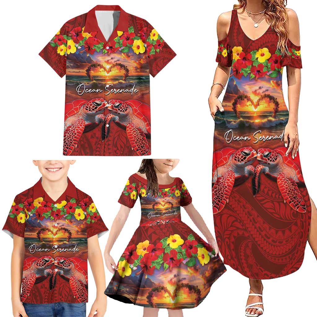 Hawaiian Turtle Love Couple Family Matching Summer Maxi Dress and Hawaiian Shirt Ocean Serenade - Honu Honi Ihu with Hibiscus and Romantic Sunset Red Color LT03 - Polynesian Pride
