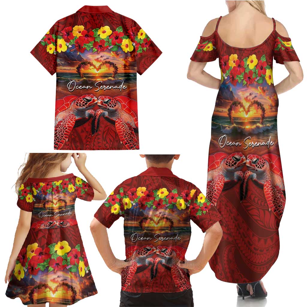 Hawaiian Turtle Love Couple Family Matching Summer Maxi Dress and Hawaiian Shirt Ocean Serenade - Honu Honi Ihu with Hibiscus and Romantic Sunset Red Color LT03 - Polynesian Pride