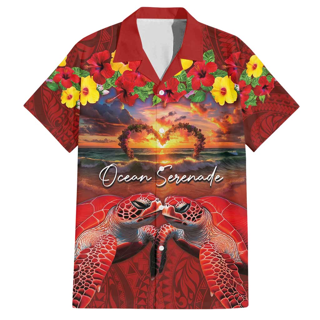 Hawaiian Turtle Love Couple Family Matching Tank Maxi Dress and Hawaiian Shirt Ocean Serenade - Honu Honi Ihu with Hibiscus and Romantic Sunset Red Color LT03 Dad's Shirt - Short Sleeve Red - Polynesian Pride
