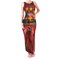 Hawaiian Turtle Love Couple Family Matching Tank Maxi Dress and Hawaiian Shirt Ocean Serenade - Honu Honi Ihu with Hibiscus and Romantic Sunset Red Color LT03 Mom's Dress Red - Polynesian Pride
