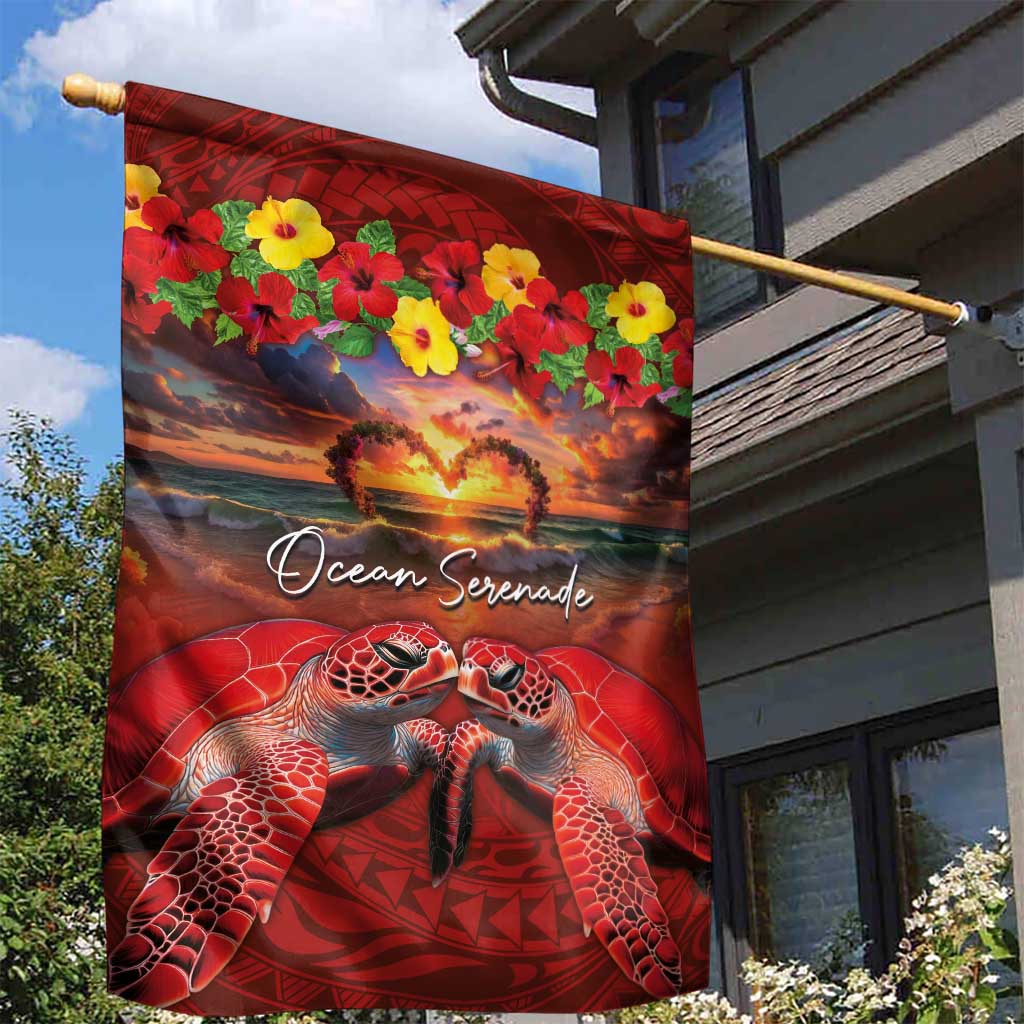 Hawaiian Turtle Love Couple Garden Flag Ocean Serenade - Honu Honi Ihu with Hibiscus and Romantic Sunset Red Color LT03 - Polynesian Pride