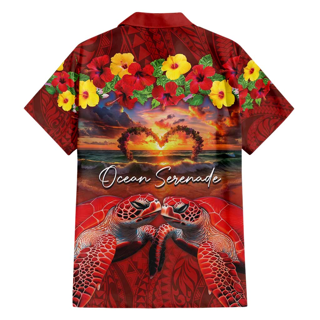 Hawaiian Turtle Love Couple Hawaiian Shirt Ocean Serenade - Honu Honi Ihu with Hibiscus and Romantic Sunset Red Color LT03 - Polynesian Pride