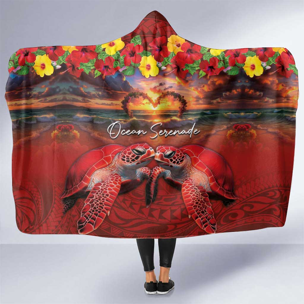 Hawaiian Turtle Love Couple Hooded Blanket Ocean Serenade - Honu Honi Ihu with Hibiscus and Romantic Sunset Red Color LT03 One Size Red - Polynesian Pride