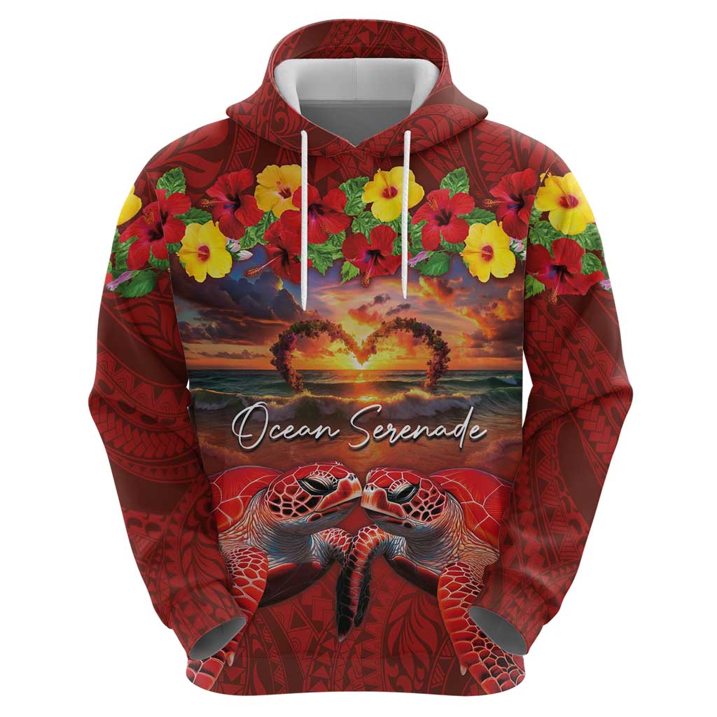 Hawaiian Turtle Love Couple Hoodie Ocean Serenade - Honu Honi Ihu with Hibiscus and Romantic Sunset Red Color LT03 - Polynesian Pride