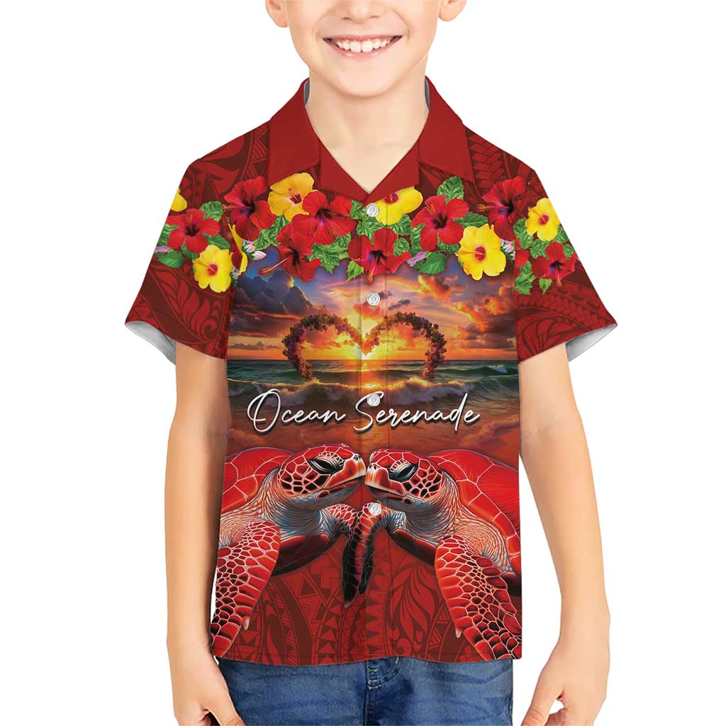 Hawaiian Turtle Love Couple Kid Hawaiian Shirt Ocean Serenade - Honu Honi Ihu with Hibiscus and Romantic Sunset Red Color LT03 Kid Red - Polynesian Pride