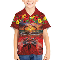 Hawaiian Turtle Love Couple Kid Hawaiian Shirt Ocean Serenade - Honu Honi Ihu with Hibiscus and Romantic Sunset Red Color LT03 Kid Red - Polynesian Pride