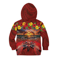 Hawaiian Turtle Love Couple Kid Hoodie Ocean Serenade - Honu Honi Ihu with Hibiscus and Romantic Sunset Red Color LT03 - Polynesian Pride