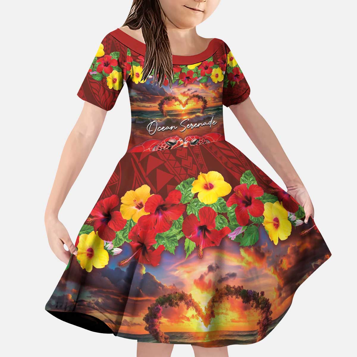 Hawaiian Turtle Love Couple Kid Short Sleeve Dress Ocean Serenade - Honu Honi Ihu with Hibiscus and Romantic Sunset Red Color LT03 KID Red - Polynesian Pride