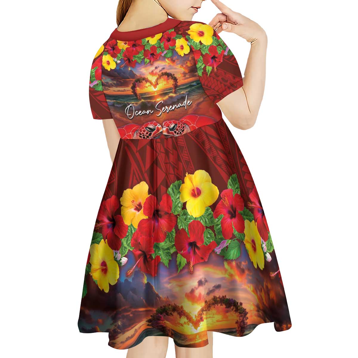 Hawaiian Turtle Love Couple Kid Short Sleeve Dress Ocean Serenade - Honu Honi Ihu with Hibiscus and Romantic Sunset Red Color LT03 - Polynesian Pride